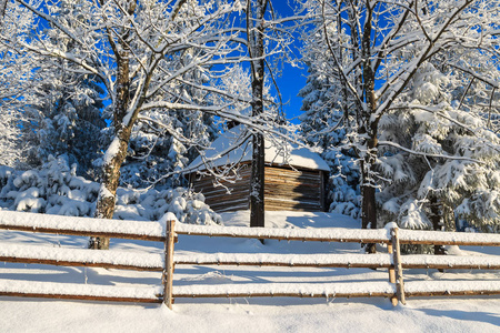 波兰塔特拉山冬季景观中白雪覆盖的木制传统房屋