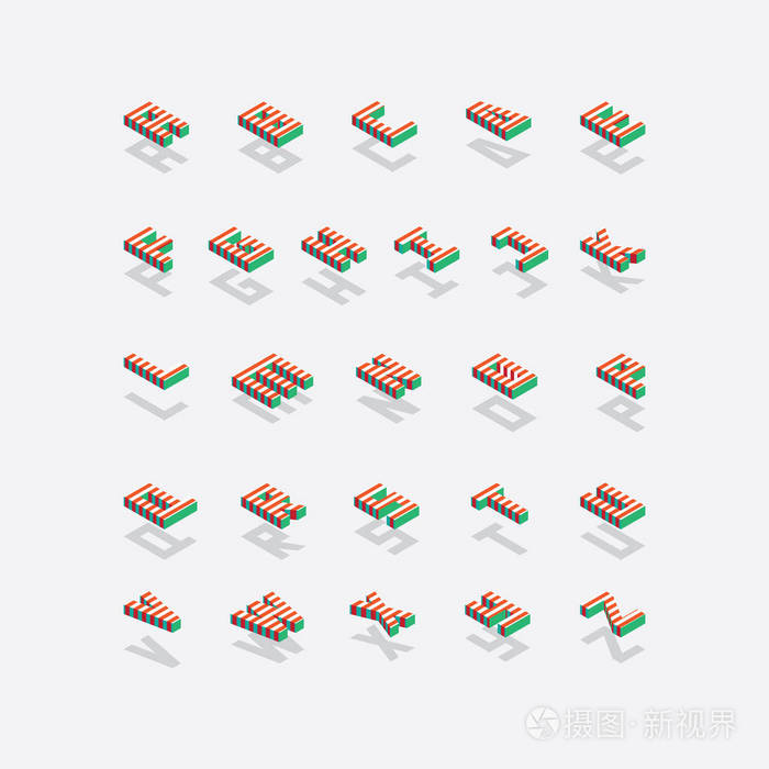 完整的英语等长字母 有明亮的红色条纹和灰色背景下的阴影插画 正版商用图片 摄图新视界