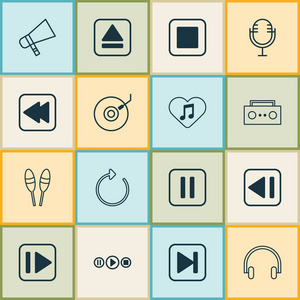 音乐图标设置与扩音器, 耳机, 广播和其他重装元素。独立的插图音乐图标