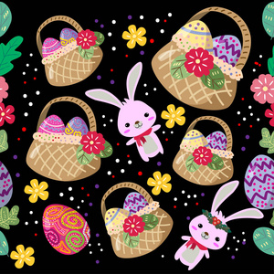 可爱的复活节彩蛋无缝图案与五颜六色的花在凉爽的背景上复活节节日