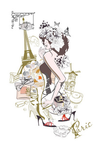 从巴黎的边界插图与时尚女孩, 咖啡馆和花卉