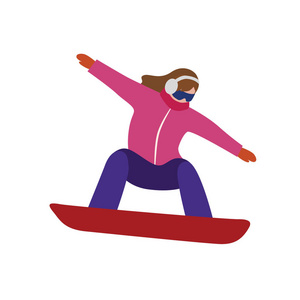 等距孤立矢量妇女滑雪。城市风格和在公园的热技巧。滑雪, 冬季运动。奥运会游戏, 娱乐生活, 活动速度极端