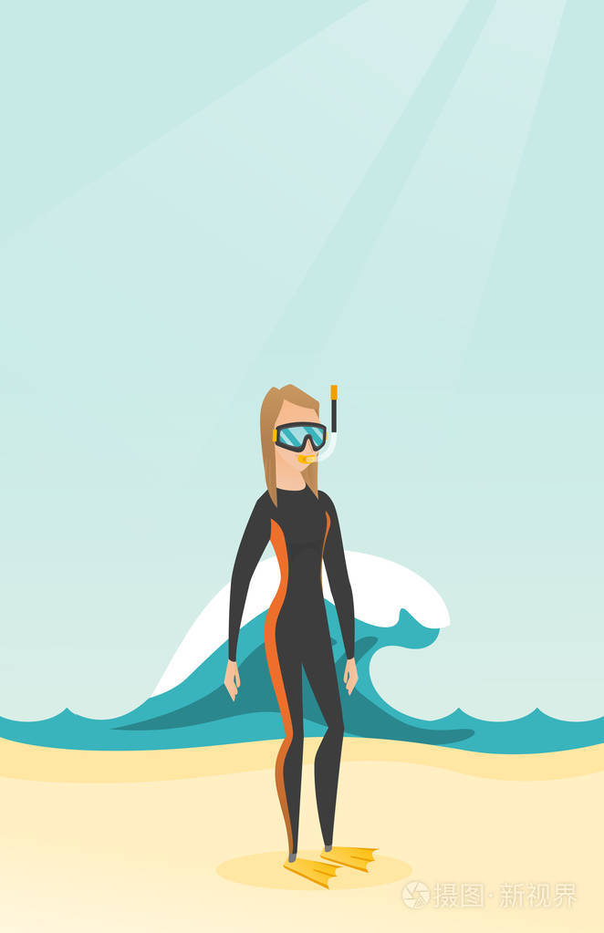 年轻白人潜水员在潜水服插画-正版商用图片1126yu-摄图新视界