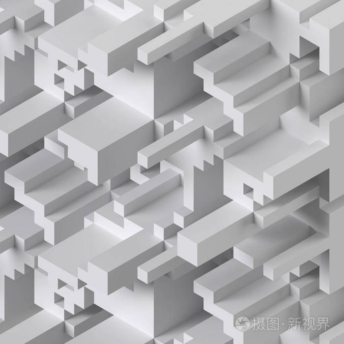 3d 渲染, 抽象立方体背景, 白色像素马赛克, 几何形状