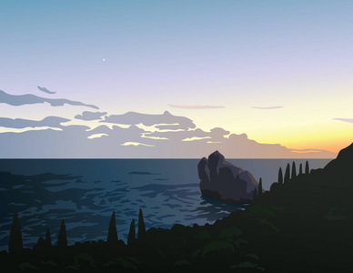 日落.海岸线的看法入海海湾与石海岛.在黄昏的天空中的第一颗小星星.