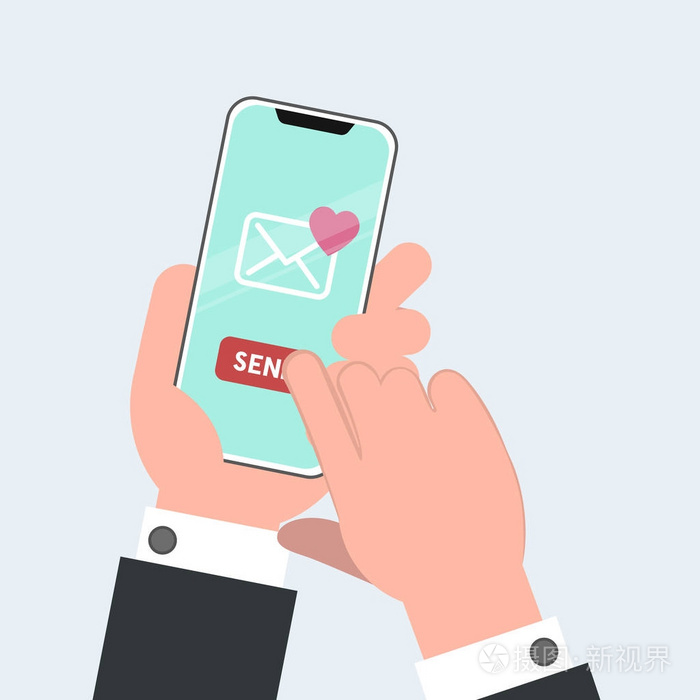 发送或接收爱短信, 信件, 电子邮件与移动电话.情人节的插图.手持手机
