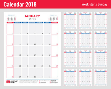 日历规划器设计模板2018年。纵向方向。星期从星期日开始。文具设计。设置12月