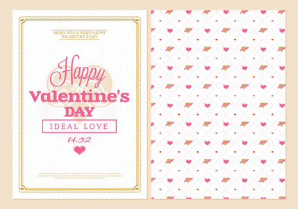 快乐情人节版式贺卡。具有无缝背景和浪漫标志的矢量设计双面模板