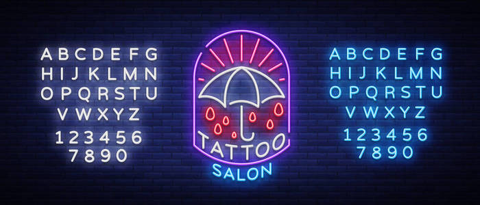 在一个霓虹灯风格的纹身沙龙标志。霓虹灯标志, 会徽, 雨伞符号, 光广告牌, 霓虹灯亮广告上的纹身主题, 为纹身沙龙, 工作室。