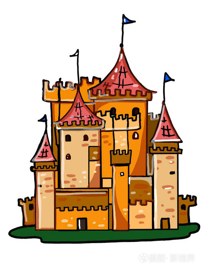 国王公主王子城堡插图绘制彩色卡通和白色背景