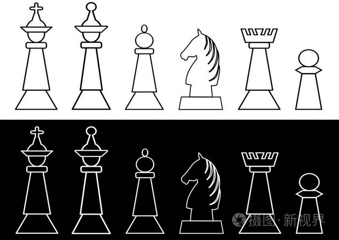 全套黑白棋棋子国王和王后飞车主教骑士典当轮廓设计