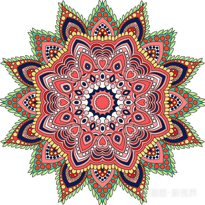 美丽多彩的曼陀罗叶和心脏图案. 红色,粉红色,黄色和绿色. 矢量图.