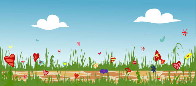 来自心脏的插花。 鹅卵石小径穿过盛开的花田。 阳光明媚的夏天作文。 矢量插图象征喜悦爱和幸福。 水平的。
