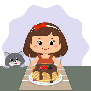 女孩坐在桌边吃煎饼, 猫在附近