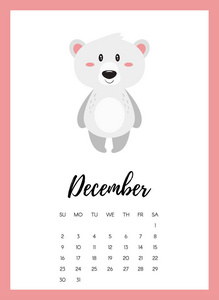 矢量卡通风格插图2018年12月日历页与可爱的动物北极熊。 打印模板。