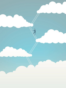 企业阶梯攀登矢量概念。生意人在云彩之间移动, 动机, 志向, 成就的标志