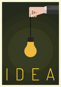 在商人手上用灯泡图标来思考成功的视觉理念概念。Eps10 矢量插图, 符号增长, 经济, 投资, 技术和领导, 简约复古海报