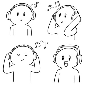 听音乐的人的矢量集老式黑白电话手画插图.