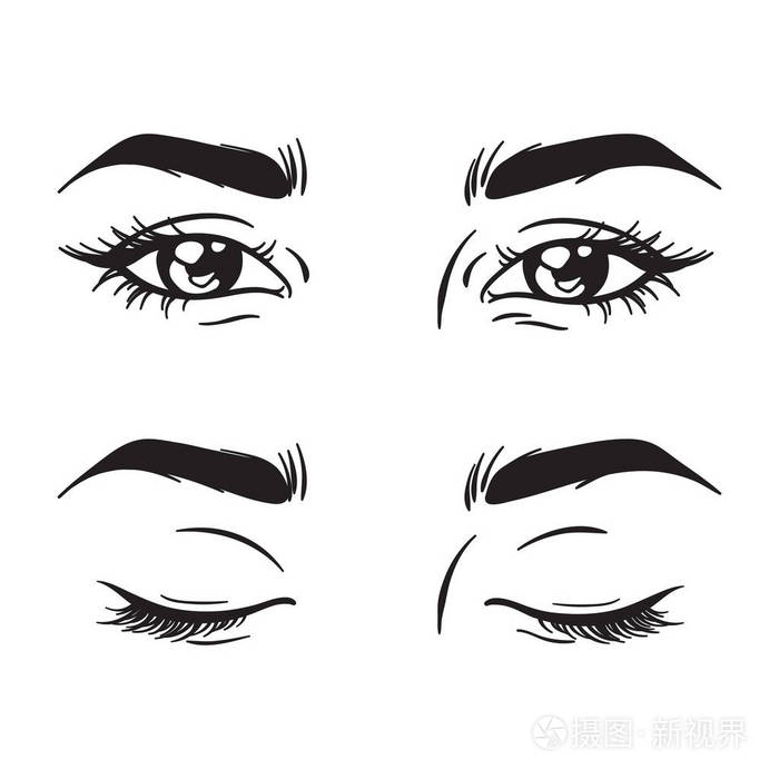 孤立的黑白美丽的女性眼睛设置-开放和关闭.化妆空白模板向量