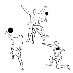 手球球员与球隔离在白色背景. 设置极简主义的黑色标志.