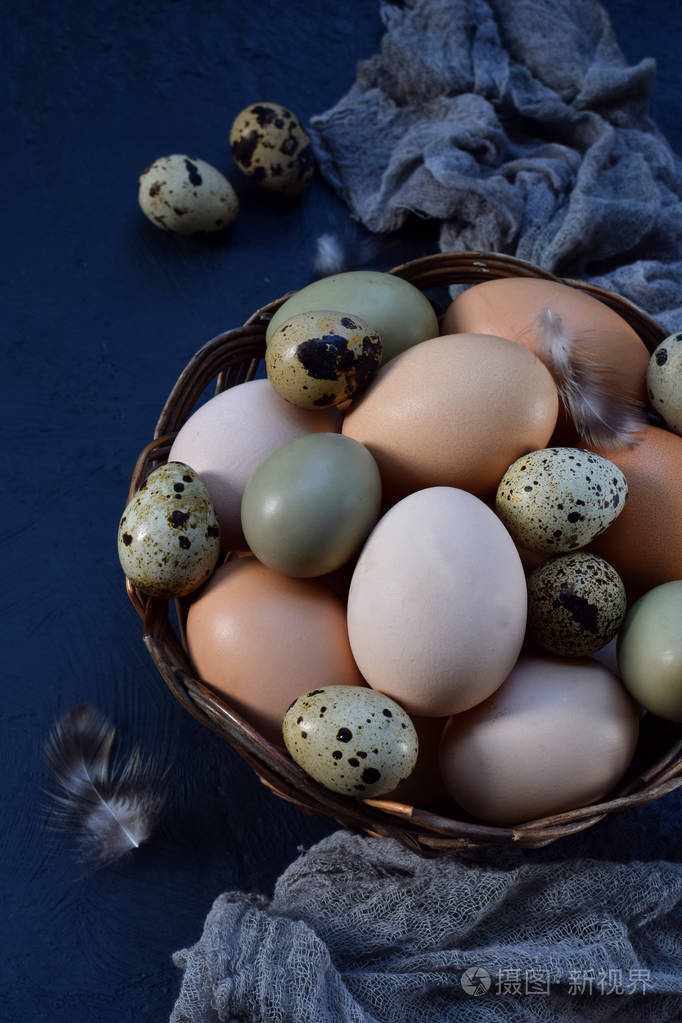 不同类型鸟卵从鸡雉鸡鹌鹑在深色背景上的一套