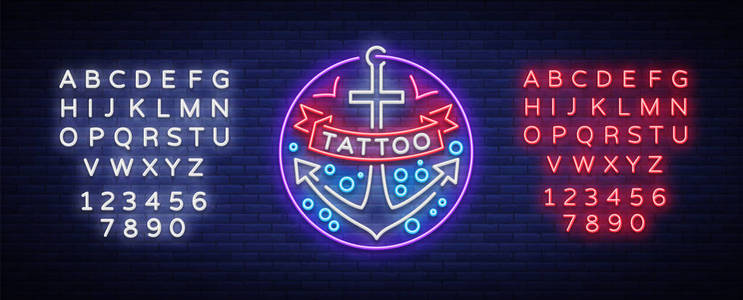 在一个霓虹灯风格的纹身沙龙标志。霓虹灯标志, 标志, 锚的标志, 发光的广告牌, 在一个纹身主题, 为纹身沙龙, 工作室的霓虹灯