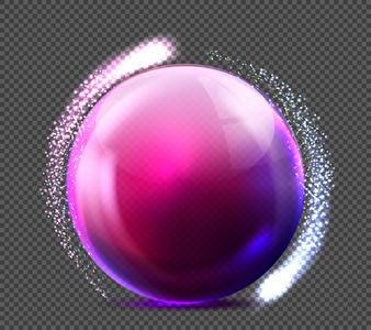 矢量逼真的玻璃紫色球体。 光滑的空水晶球气泡珍珠与反射灰色透明背景插图。 闪亮的三维魔术抽象圆圈球体装饰设计。