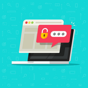 密码解锁笔记本电脑与解锁密码气泡通知, 平面卡通的 pc 屏幕上打开锁