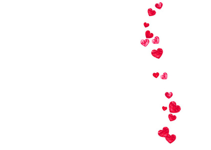 情人节背景粉红色闪光的心。2月14日日。矢量五彩纸屑的情人节背景模板。手绘纹理