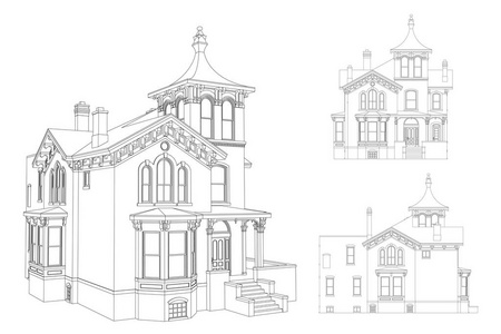 维多利亚风格的老房子。白色背景上的插图。种类从不同的边