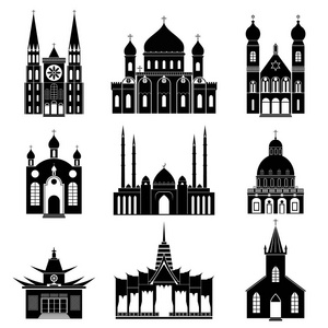 卡通剪影黑色教堂和寺庙图标集。矢量
