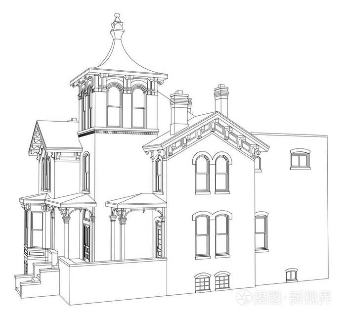 维多利亚风格的老房子.白色背景上的插图.种类从不同的边