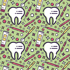 牙科主题的矢量无缝模式。牙医的牙齿和设备。用于背景卡片墙纸