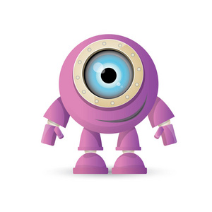 矢量搞笑卡通紫色友好的机器人字符孤立在白色背景。儿童3d 机器人玩具。聊天机器人图标