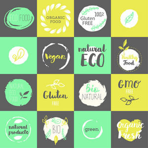 健康食品图标标签。 有机标签。 天然产品元素。 素食餐厅菜单的标志。 光栅插图。 低脂邮票。 生态产品。