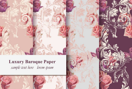 复古玫瑰花和巴洛克式的装饰图案集矢量。旧纸纹理背景