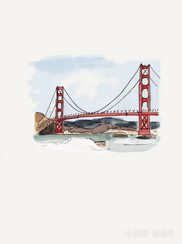 绘制金门大桥旧金山美国著名的地方素描