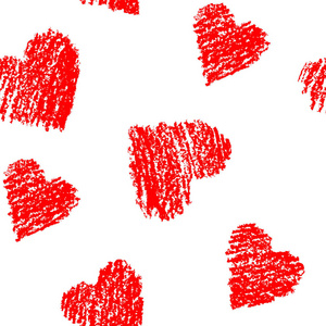 无缝图案与手绘红色心白色。 蜡笔粉笔情人节设计元素矢量背景。