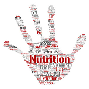 概念营养健康饮食手印邮票云隔离背景。 碳水化合物，维生素，脂肪，重量，能量，抗氧化剂，美容，矿物质，蛋白质，医学概念