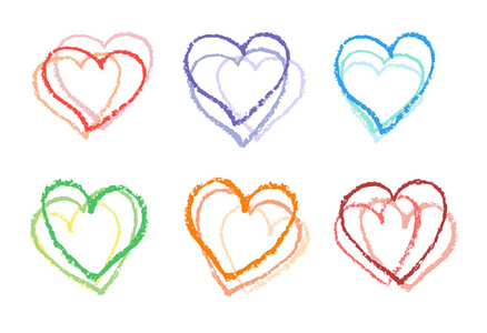 一套蜡蜡笔手画的情人节爱的心在白色上。 儿童绘画粉笔艺术线条背景。 颜色设计元素向量。