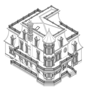 维多利亚风格的老房子。白色背景上的插图。轮廓线中的黑白插图。种类从不同的边