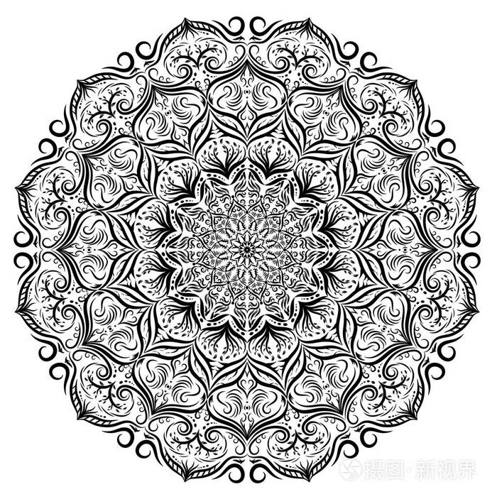 黑白矢量曼陀罗花边花纹背景. 单色矢量花边曼陀罗与花叶花卉装饰.