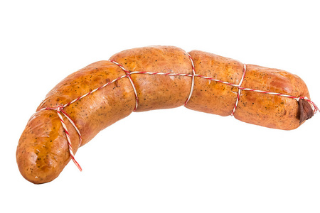 与白色绳子绑在一个食物薄膜上,隔离在白色背景上香肠猪里脊肉, 火腿