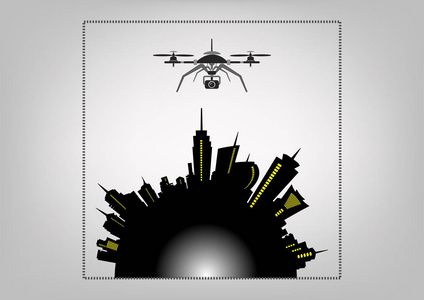 无人机飞行, 技术服务图标, 白衣相机在地平线上的城市。矢量插图孤立或灰色背景