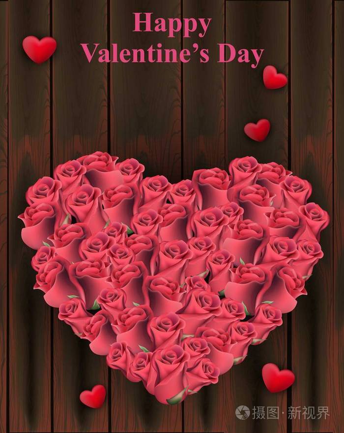 玫瑰心形在木背景上的矢量情人节贺卡