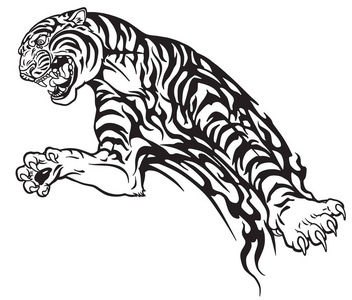 老虎在跳跃.好斗的大猫.黑白部落纹身样式矢量插图照片