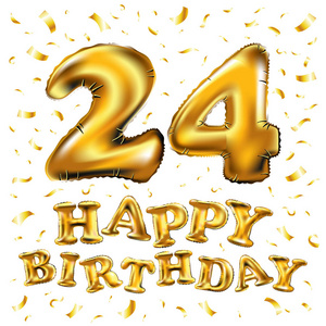 生日快乐庆祝24周年。3d 插图与灿烂的金色气球和喜悦五彩纸屑为您的独特的贺卡, 横幅, 生日邀请, 庆祝周年纪念