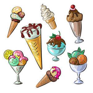 手工绘制的冰淇淋设置在白色背景隔离.矢量插图照片