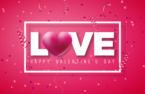 情人节设计与红心气球和爱排版字母在闪亮的粉红色背景。矢量婚礼和浪漫主题插画贺卡, 聚会请柬或促销横幅