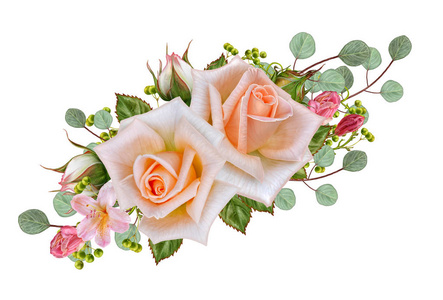 花卉背景。花束, 花朵的组成, 柔和的粉色玫瑰, 浆果树枝和树叶。贺卡请柬名片。在白色背景上隔离